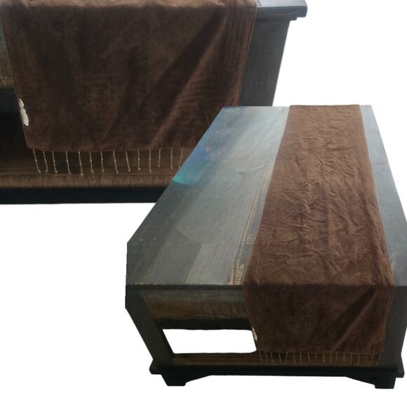 Decorative Chocolate Brown Silk Top Table Runner Beaded Fringe Sequins 70 x 14 - Picture 6 of 7